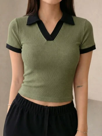 Premium Johnny Collar RIB Tops - Army Green