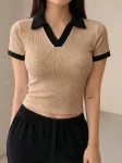 Premium Johnny Collar RIB Tops - Beige