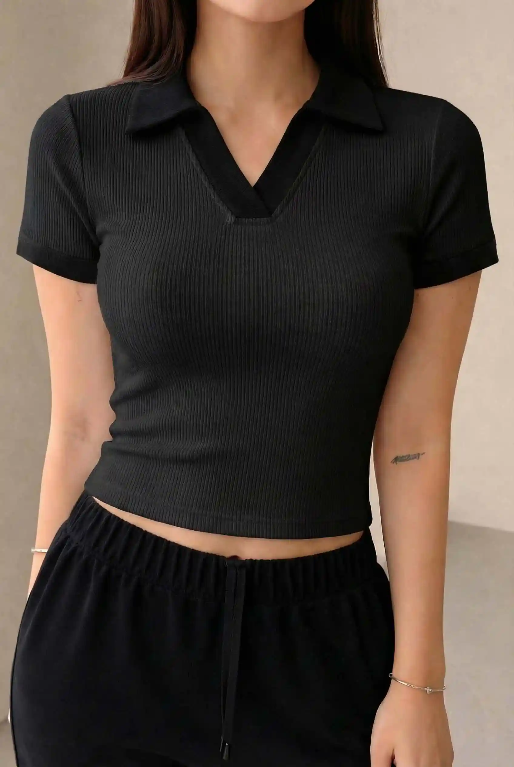 Premium Johnny Collar RIB Tops Black
