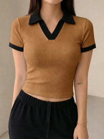 Premium Johnny Collar RIB Tops - Camarel Brown