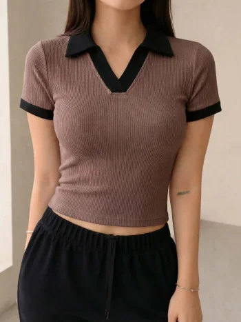 Premium Johnny Collar RIB Tops - Coffee