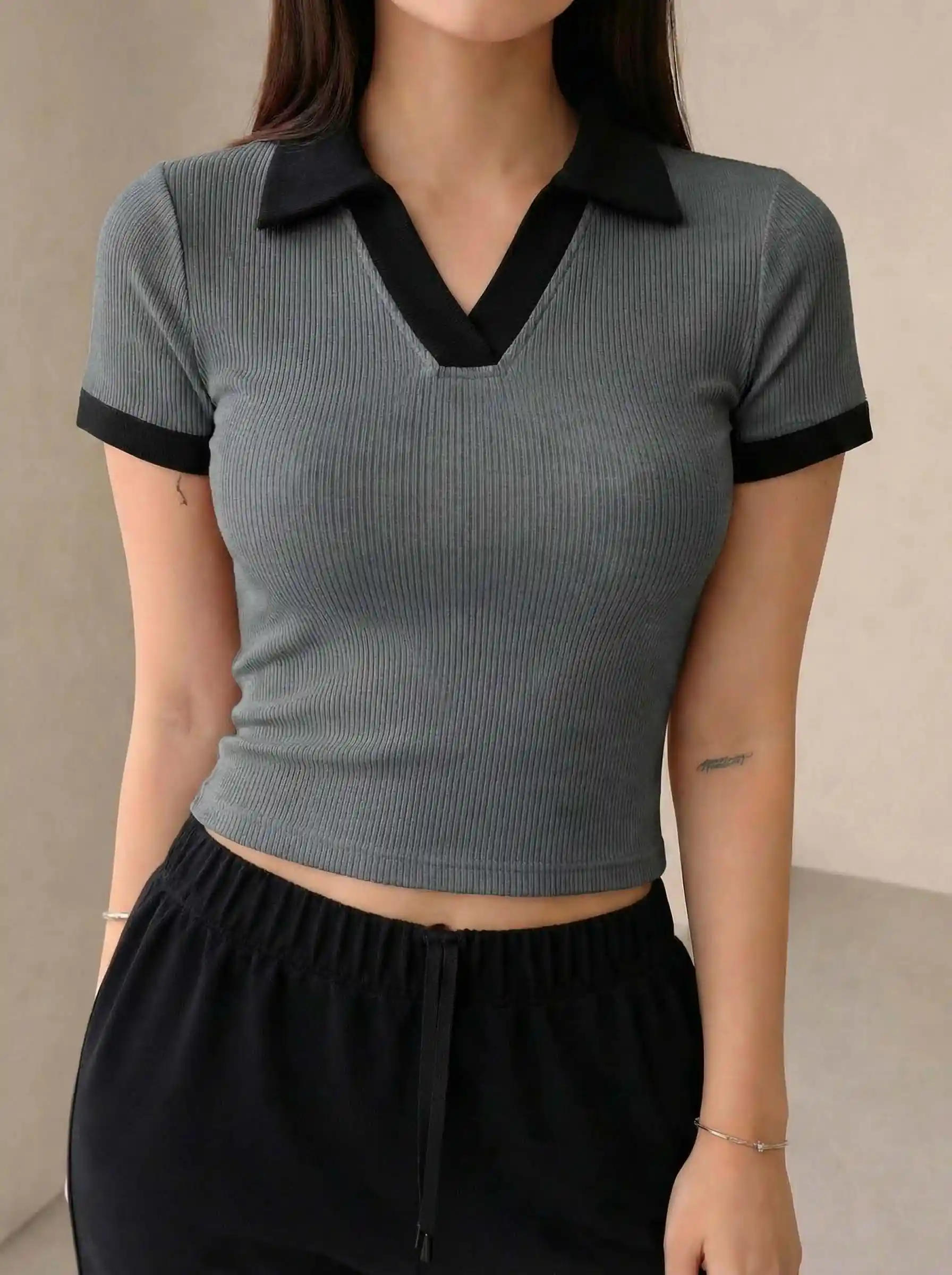 Premium Johnny Collar RIB Tops Dark Grey