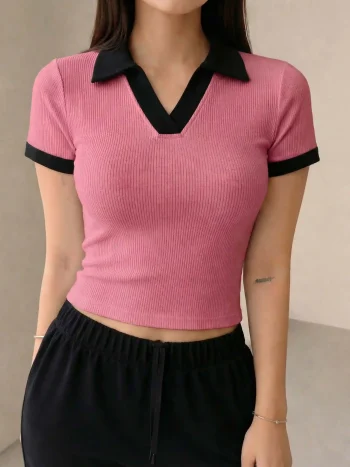 Premium Johnny Collar RIB Tops - Dusty Rose