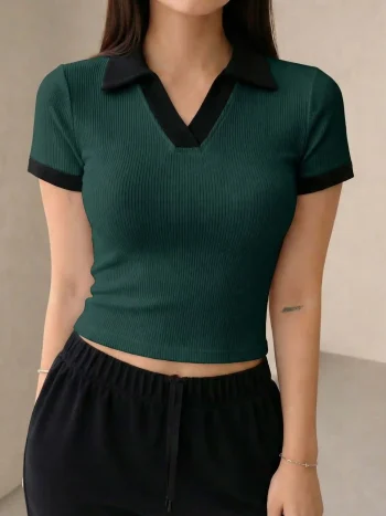 Premium Johnny Collar RIB Tops - Forest Green