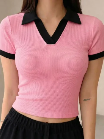 Premium Johnny Collar RIB Tops - Light Pink