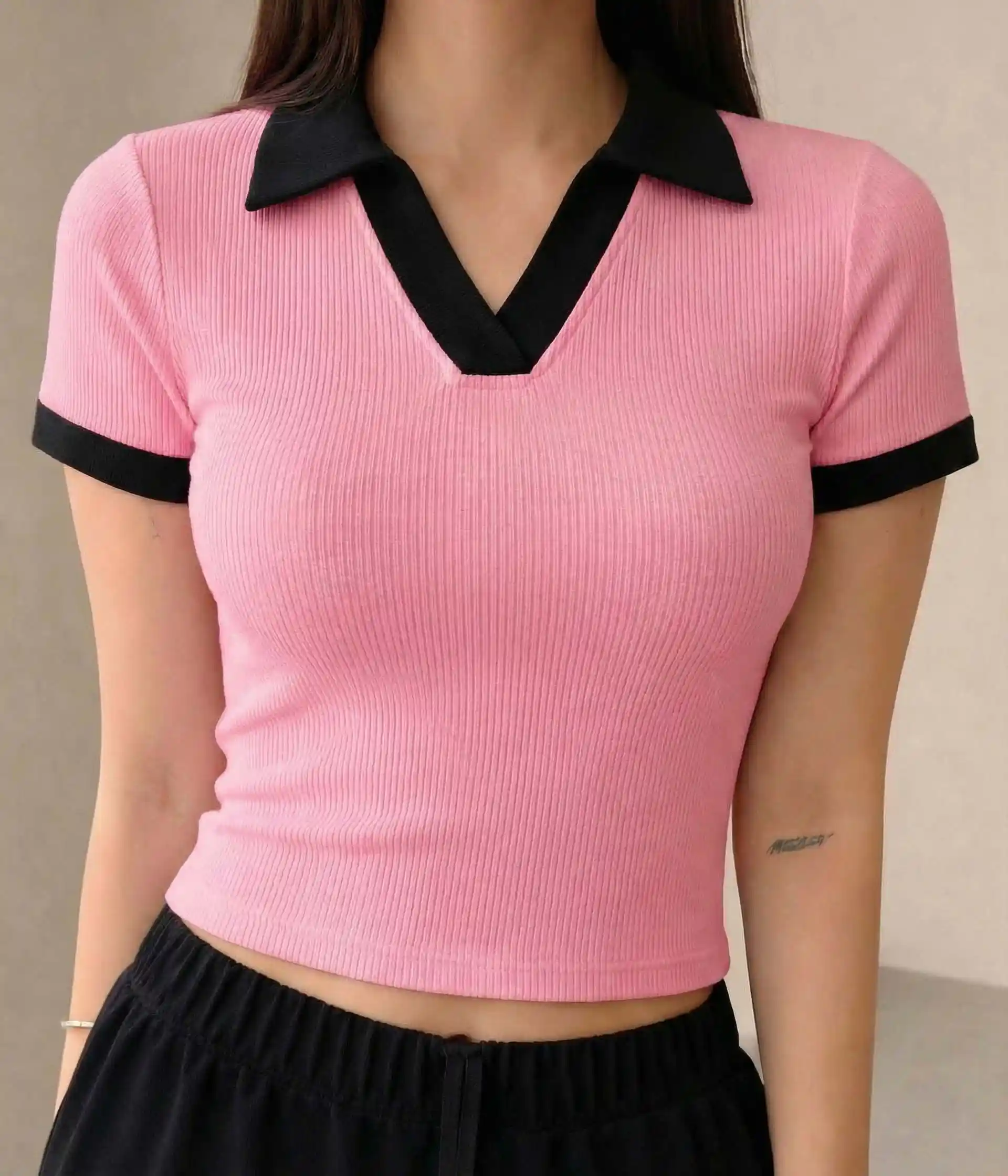 Premium Johnny Collar RIB Tops Light Pink