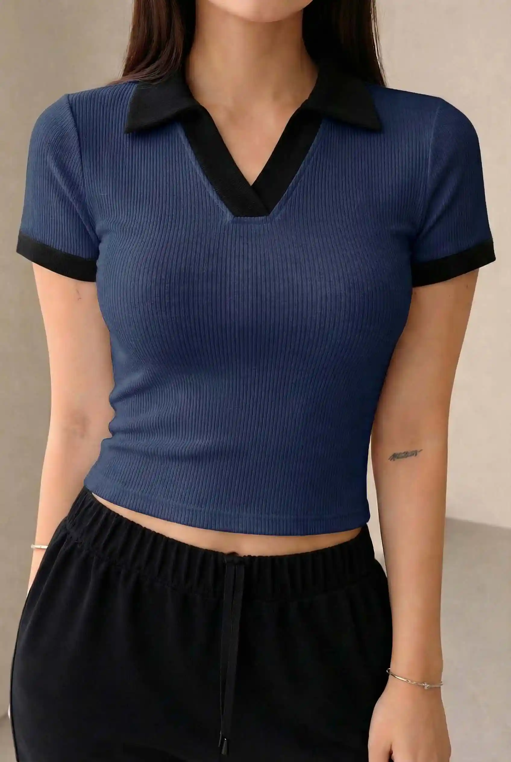 Premium Johnny Collar RIB Tops Navy Blue