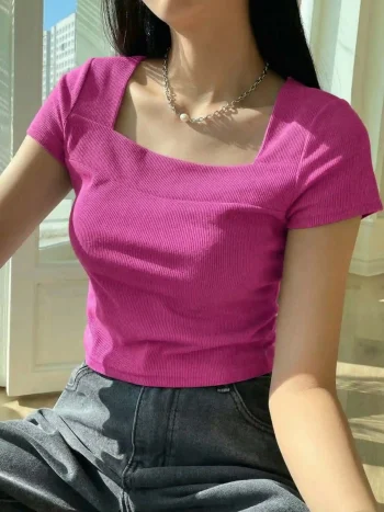 Premium Square Neck RIB Tops - Hot Pink