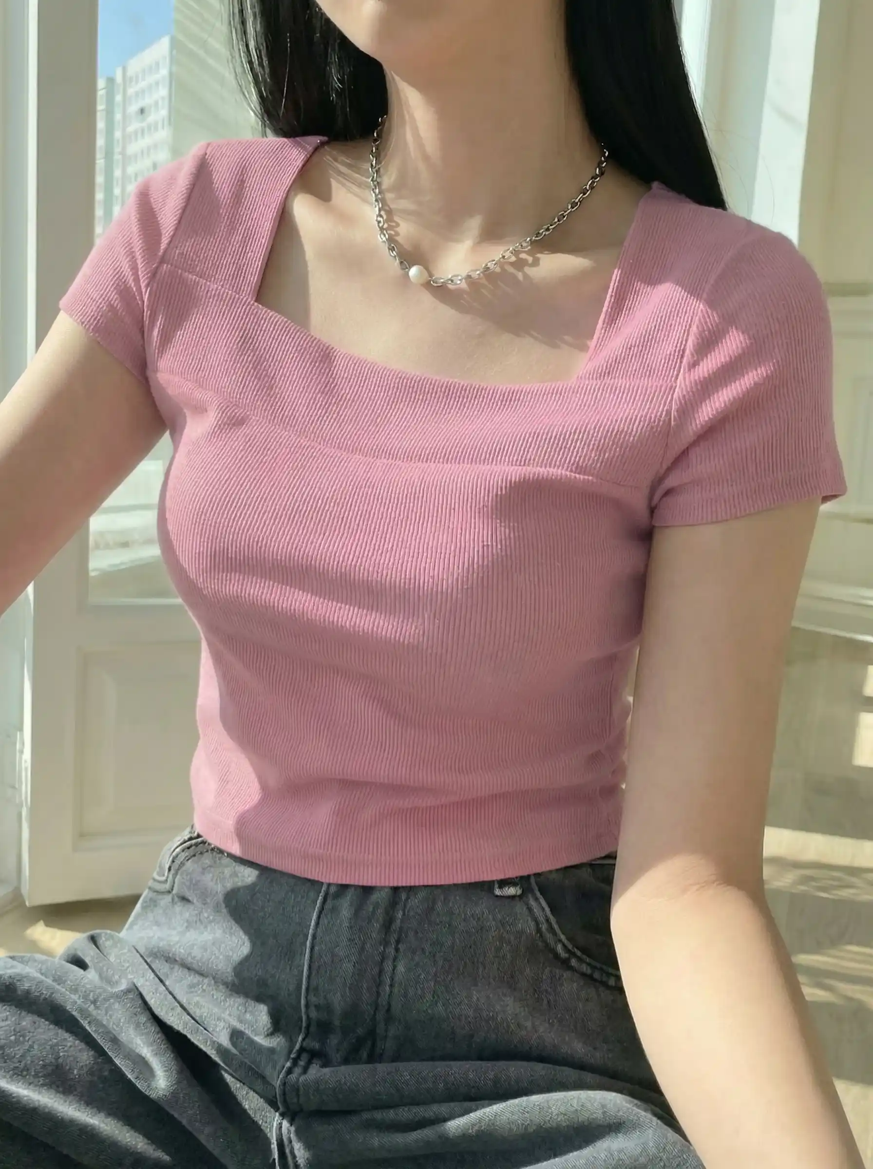 Premium Square Neck RIB Tops-Light Pink