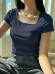 Premium Square Neck RIB Tops - Navy Blue