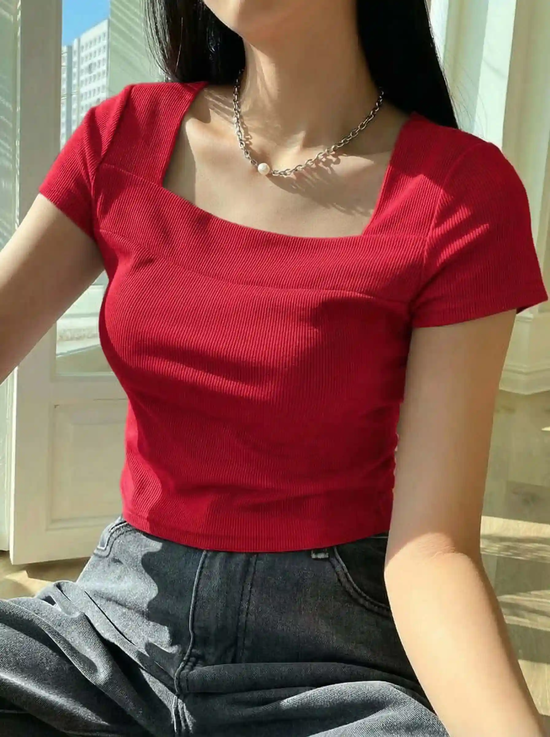 Premium Square Neck RIB Tops-Red