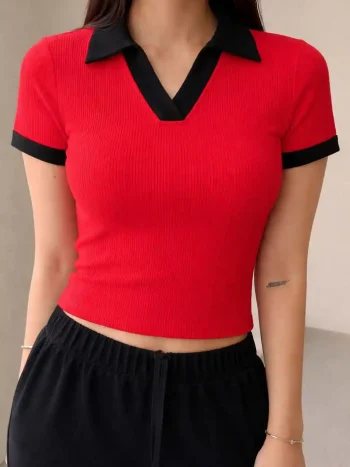 Premium Johnny Collar RIB Tops - Red
