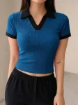 Premium Johnny Collar RIB Tops - Teal Blue