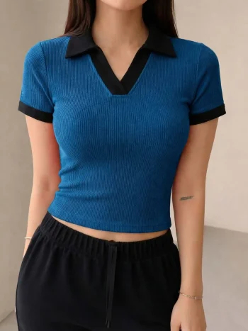 Premium Johnny Collar RIB Tops - Teal Blue