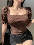 Puff Sleeve Ribbed Tops – Coffee