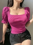 Premium Puff Sleeve RIB Tops - Hot Pink