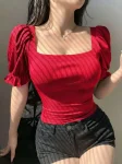 Premium Puff Sleeve RIB Tops - Red