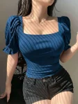 Premium Puff Sleeve RIB Tops - Teal Blue