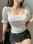 Premium Puff Sleeve RIB Tops - White