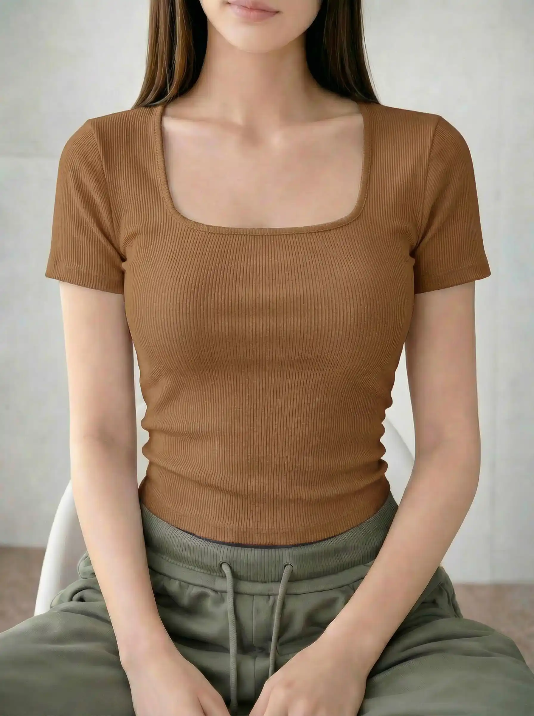 Square Neck Basic Tops - Caramel Brown