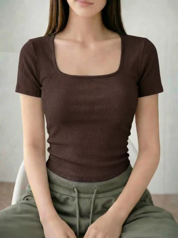 Premium Square Neck Basic Tops - Coffee