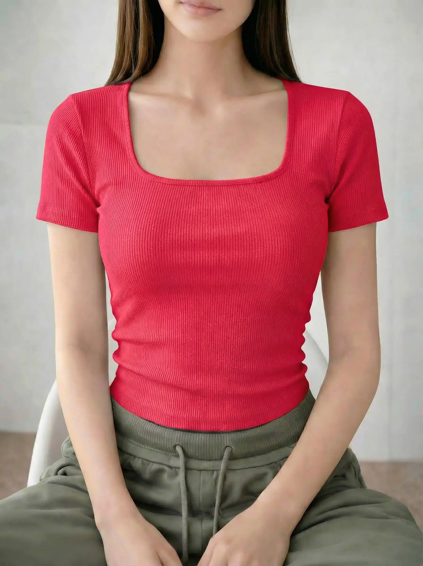 Square Neck Basic Tops - Red
